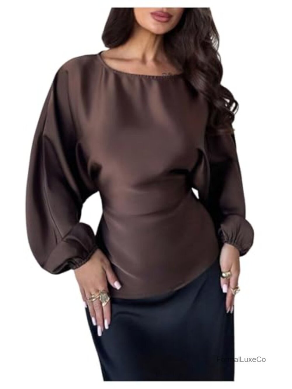 Women Satin Long Sleeve Blouse Tie Back Cinched Waist Business Casual Top
